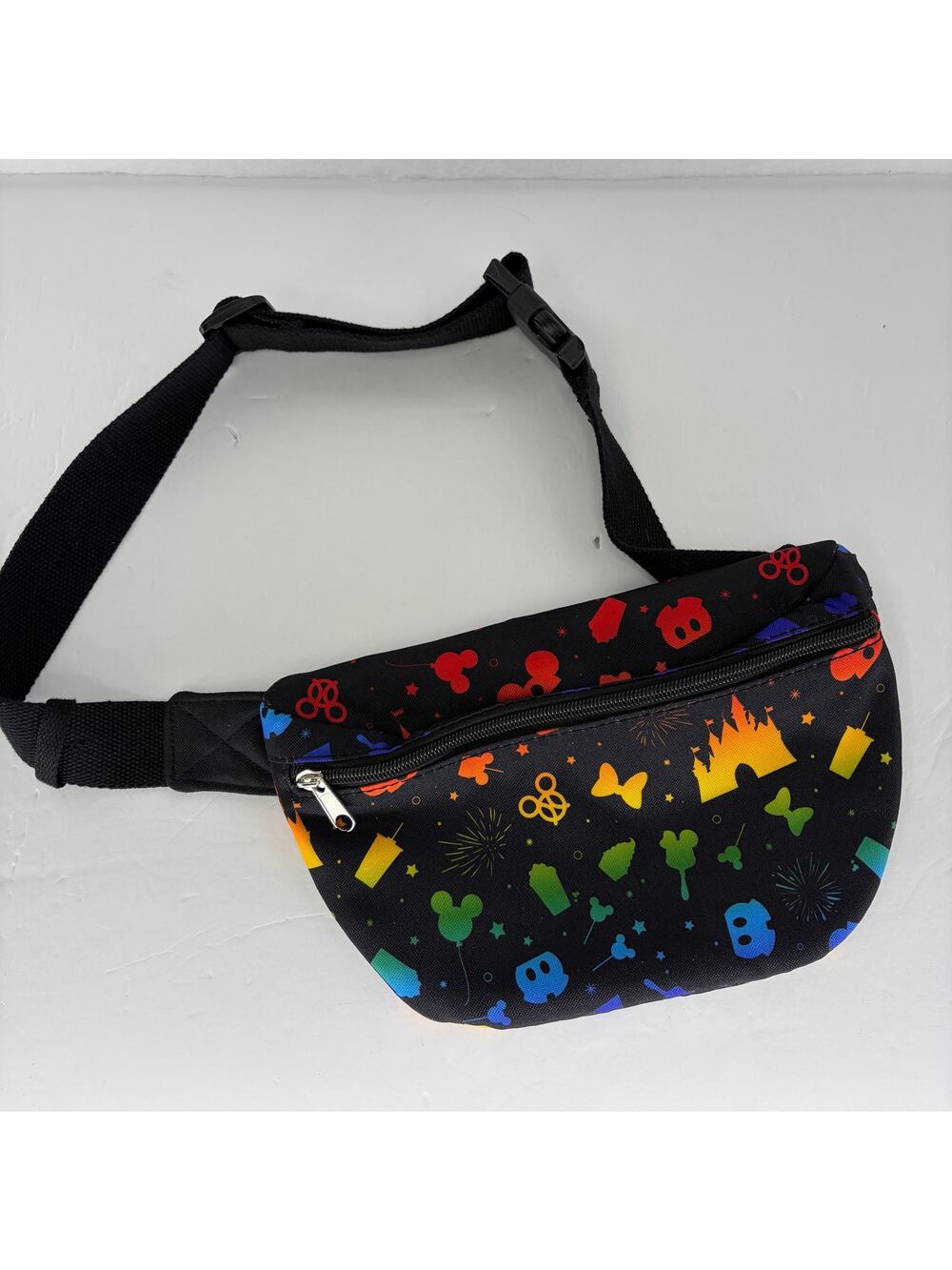 Disney Parks Rainbow Mickey Icons Belt Bag Fanny Pack Black Allover Print WDW